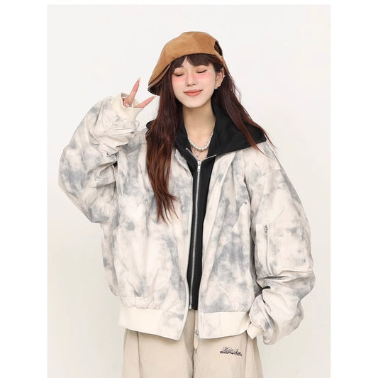 Retro Tie-Dye Hooded Jacket With A Mock Two-Piece Design