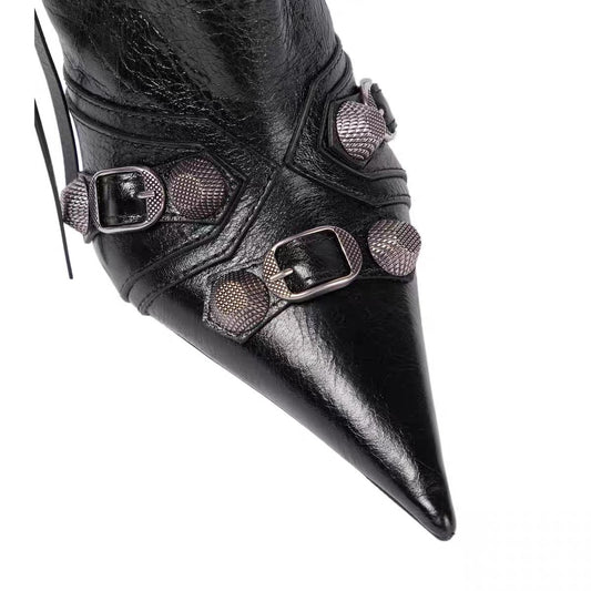 Pointed Toe Side Zipper Metal Stud Biker Booties