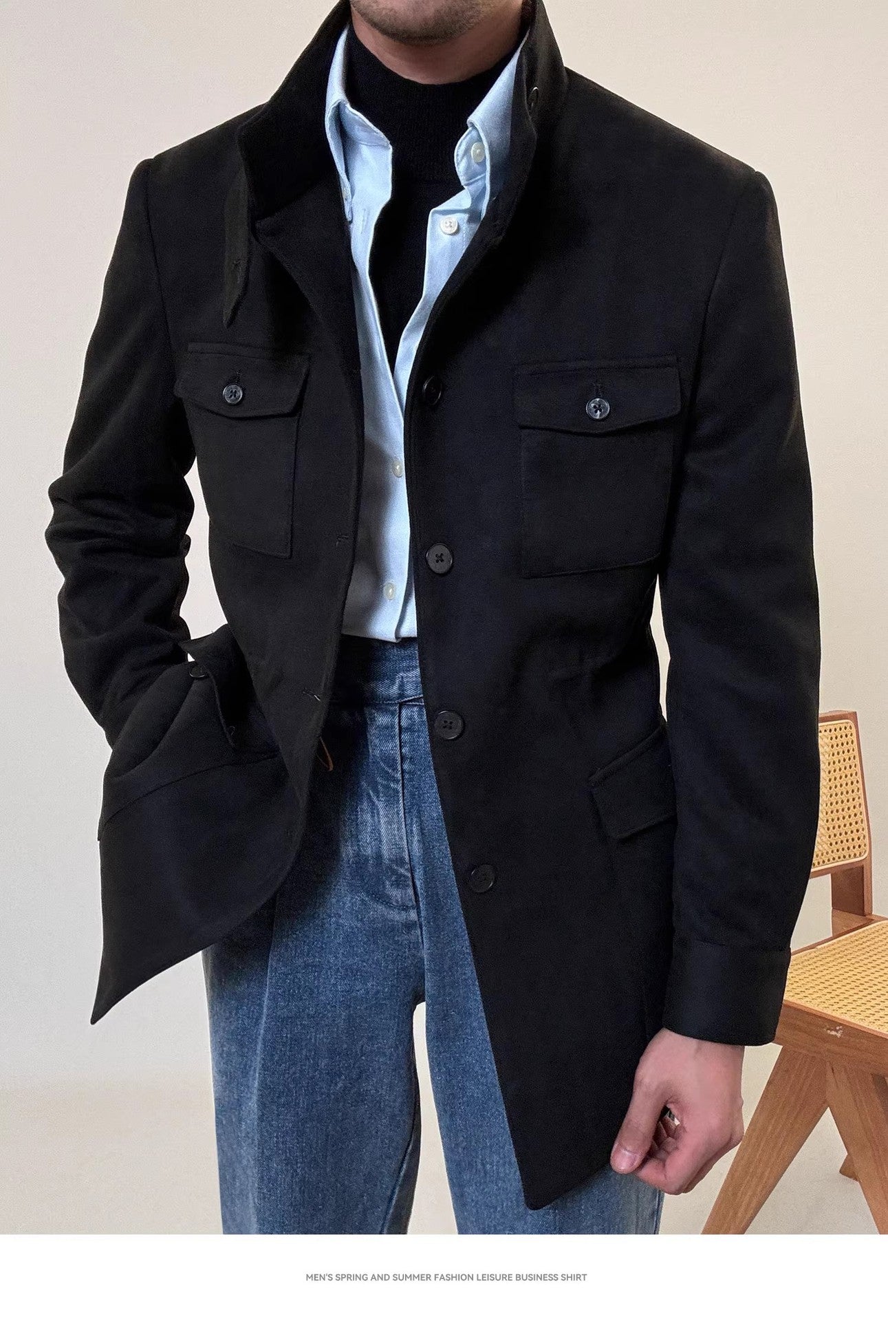 Spring Italian Suede Stand Collar Safari Jacket Jacket