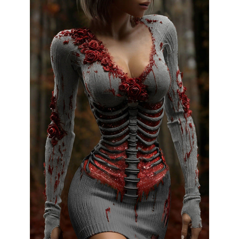 New Digital Dress With A V-neck And Long Sleeves