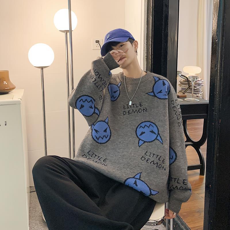 Tegneserie løst strikket afslappet pullover sweater med rund hals til mænd og kvinder