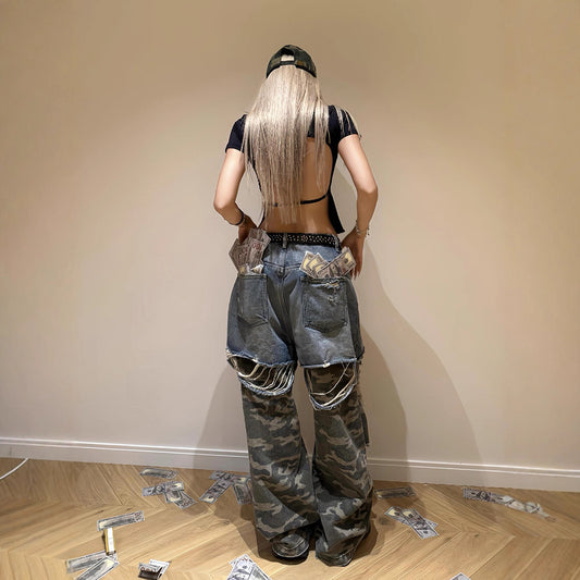 Distressed Washed Patchwork Camouflage Ripped Denim Jeans