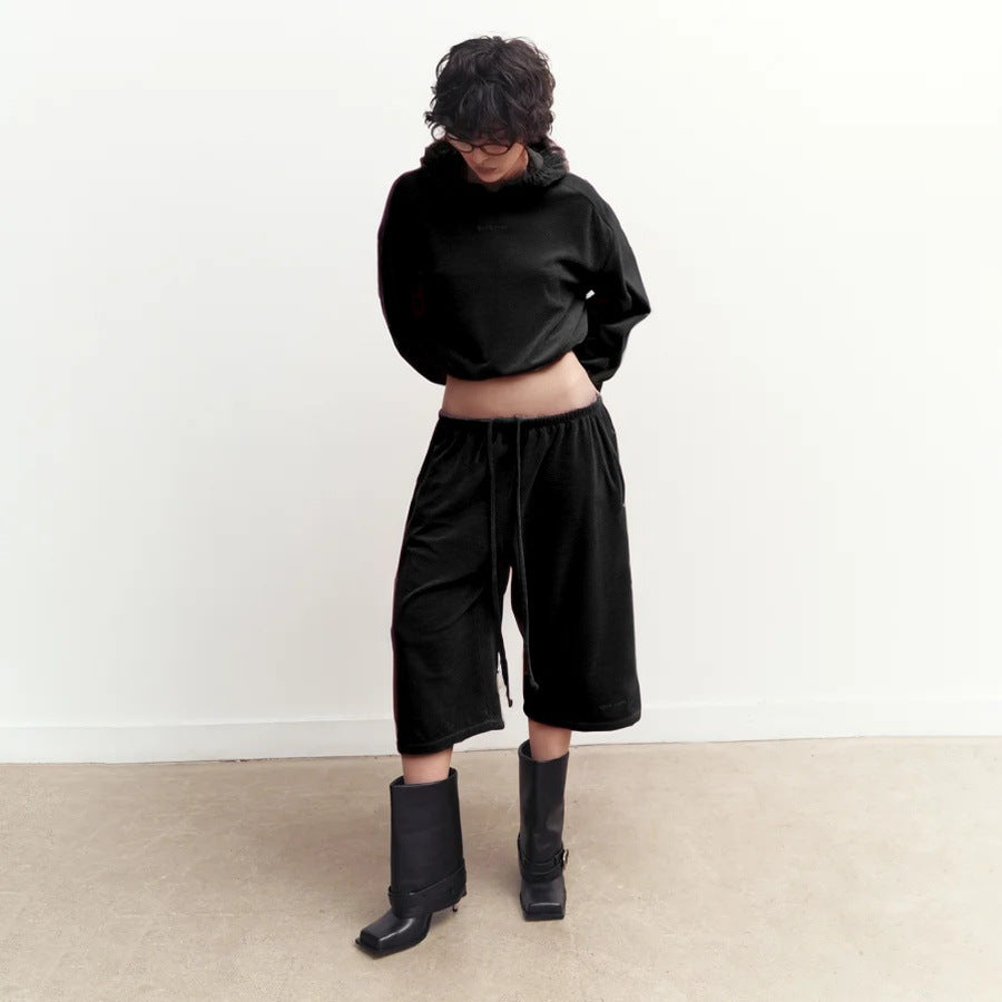 Womens Hooded Long-Sleeve Top And Elastic-Waist Shorts Set