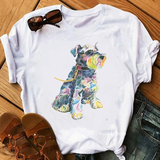 Sommer T-shirt med rund hals til kvinder, tegneserie farverig hvalpeserie