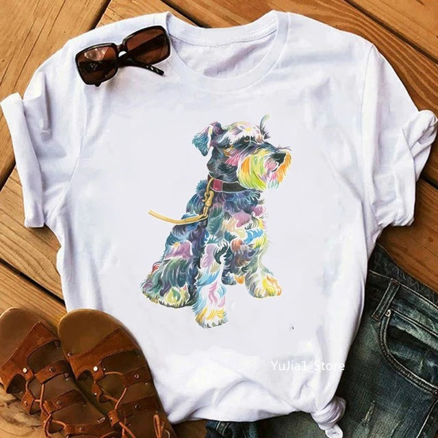 Summer Women's Round Neck T-shirt Cartoon Colorful Puppy Series
