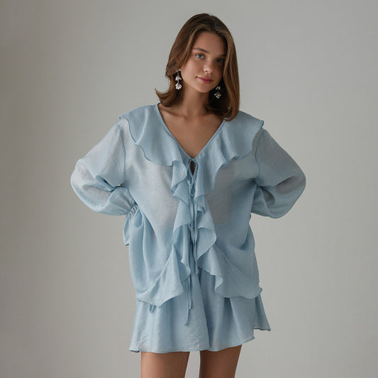 French-style V-neck Ruffled Shirt And Shorts Set