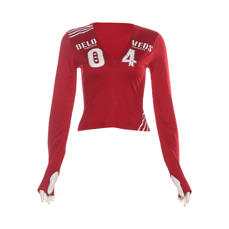 Womens Retro Streetwear Sporty V-Neck T-Shirt With Letter And Number Print