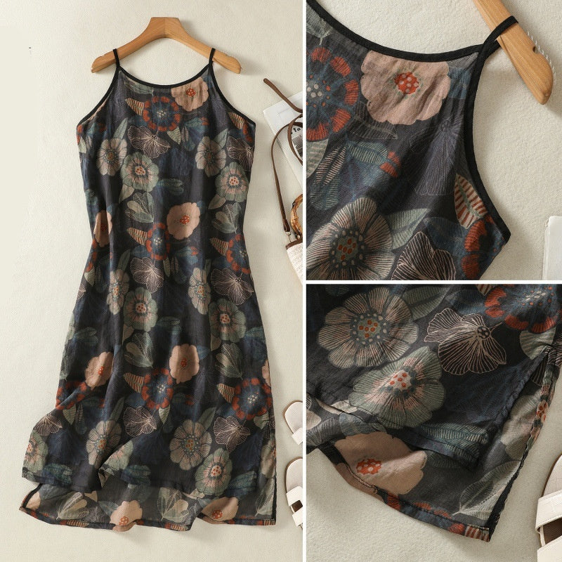 Womens Retro Printed Versatile Strap Maxi Dress