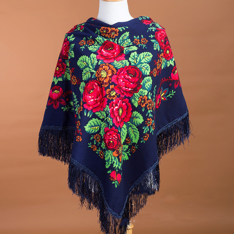 Large Square Scarf Shawl With Ethnic Print Tassels To Keep Warm