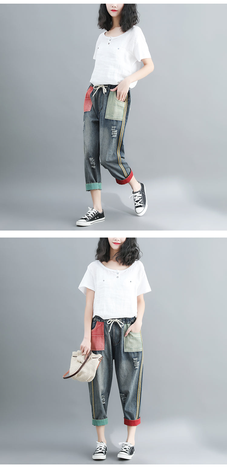Artistic Contrast Color Washed Worn Jeans Women's All-matching Loose Casual Harem Pants