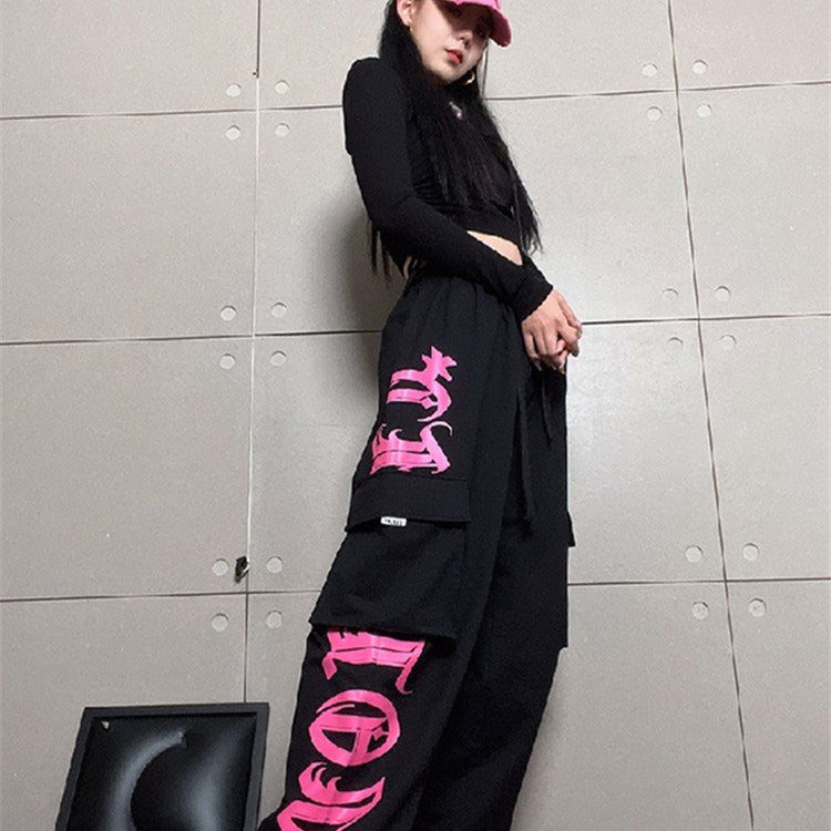 Women's Black Rose Pink Printed Workwear Pants