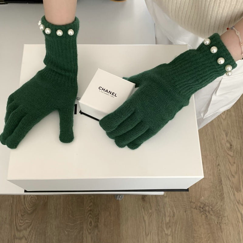 Solid Color Knitted Pearl Warm Knitted Gloves