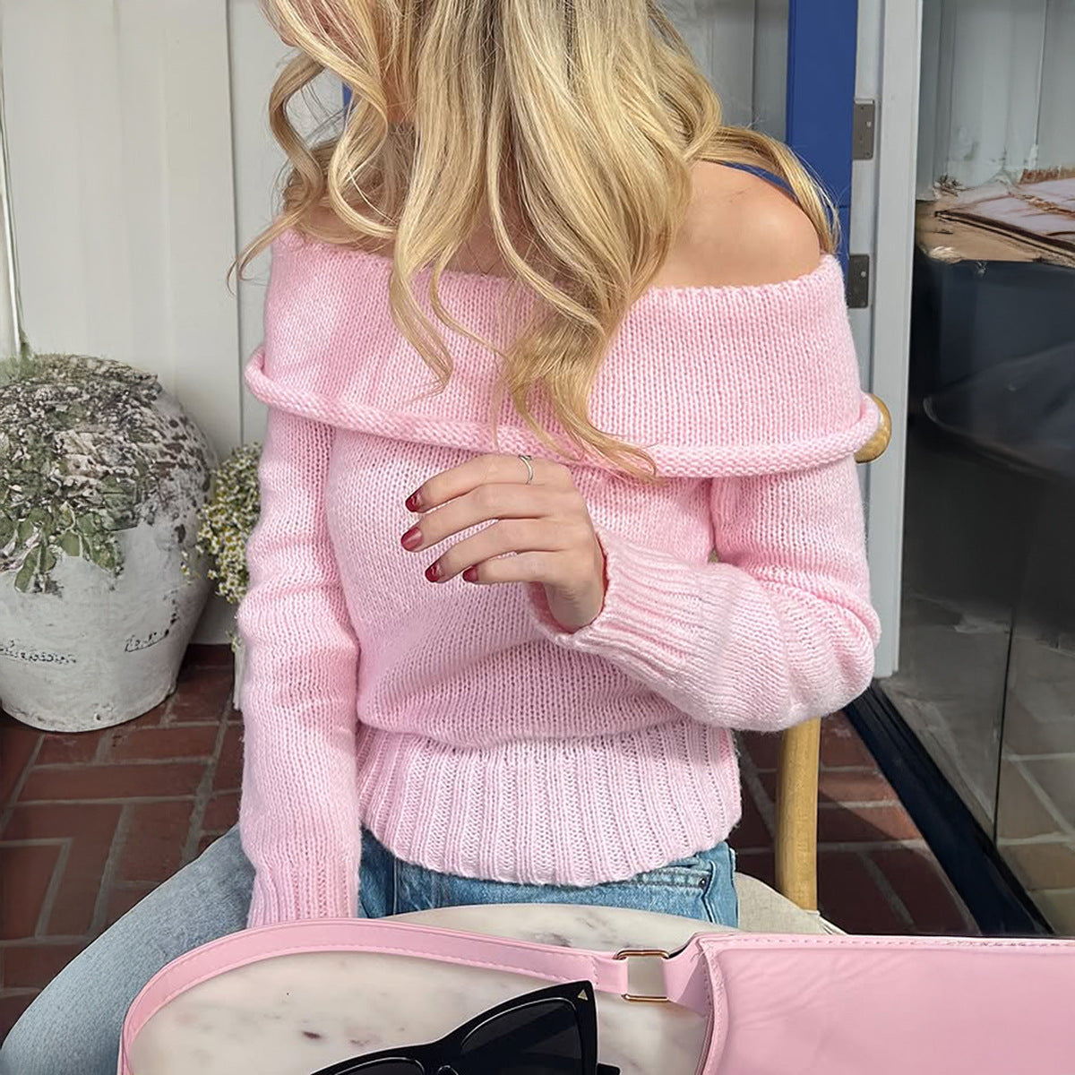 Sweet And Adorable One-shoulder Knit Sweater In A Solid Color