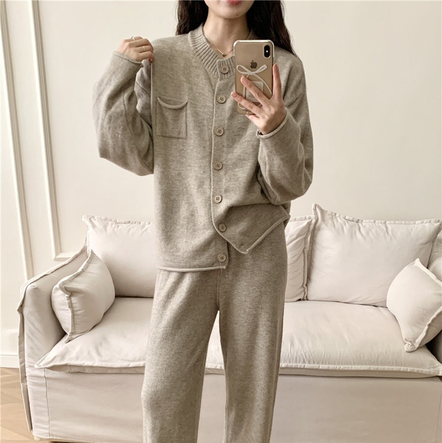 Knitting Suit Women's Loose Round Neck Cardigan Sweater Wide Leg Pants All-matching