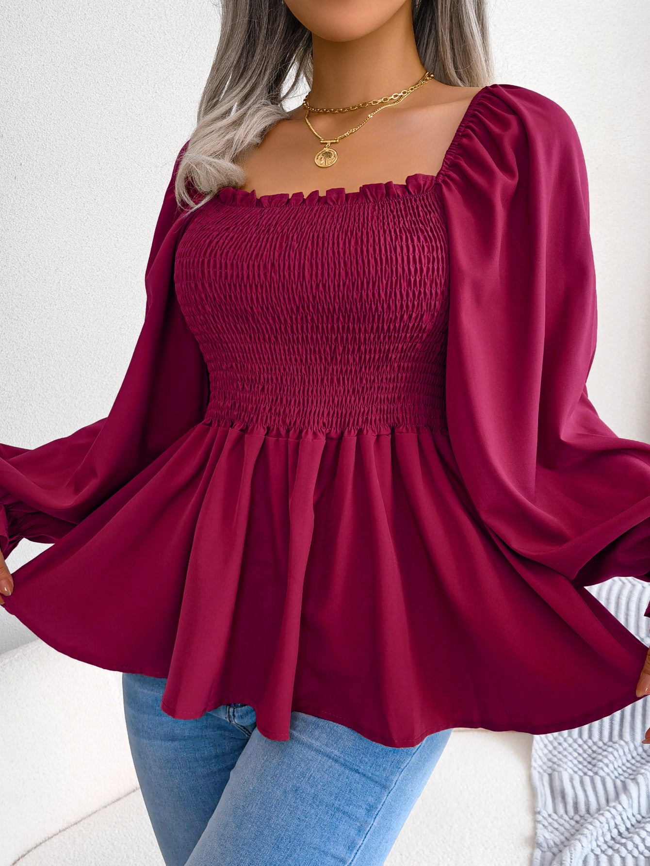 Women's Casual Ruffle Trim Square Neck Long Sleeve Chiffon Top
