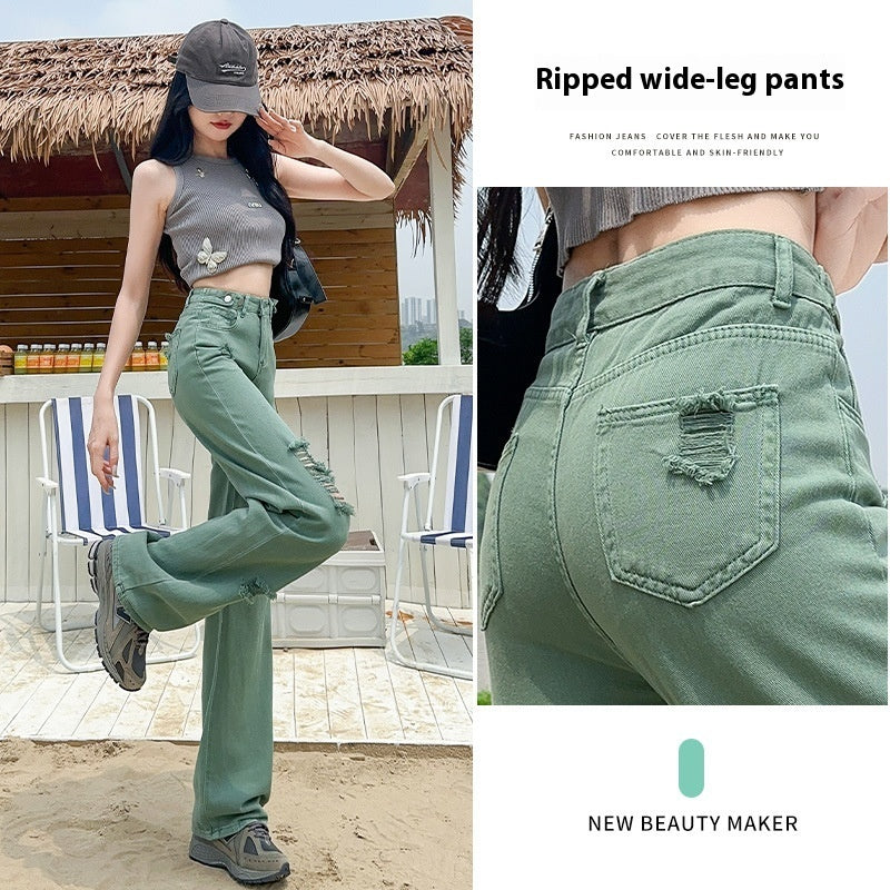 Adjustable Buckle High Waist Ripped Narrow Wide Leg Jeans