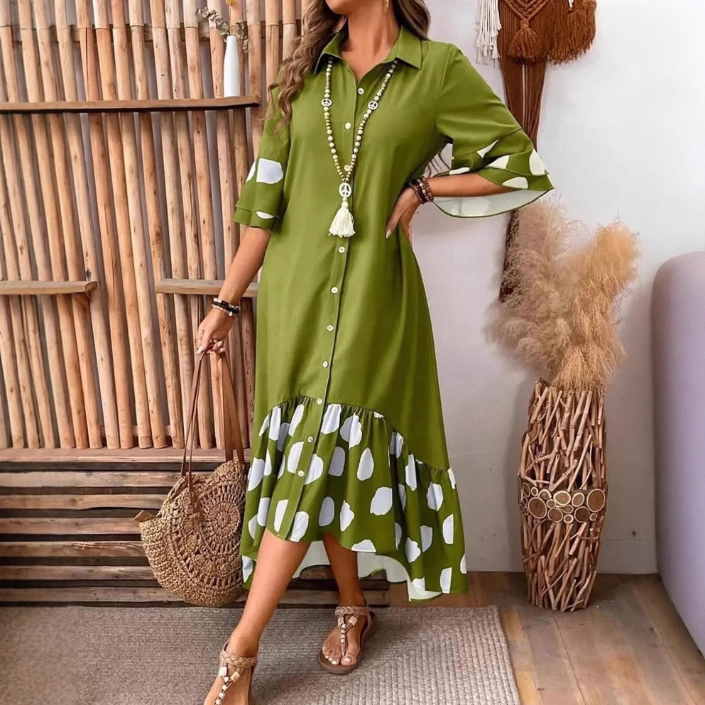 Fashionable Casual Patchwork Polka-Dot Long Shirt Dress For Women