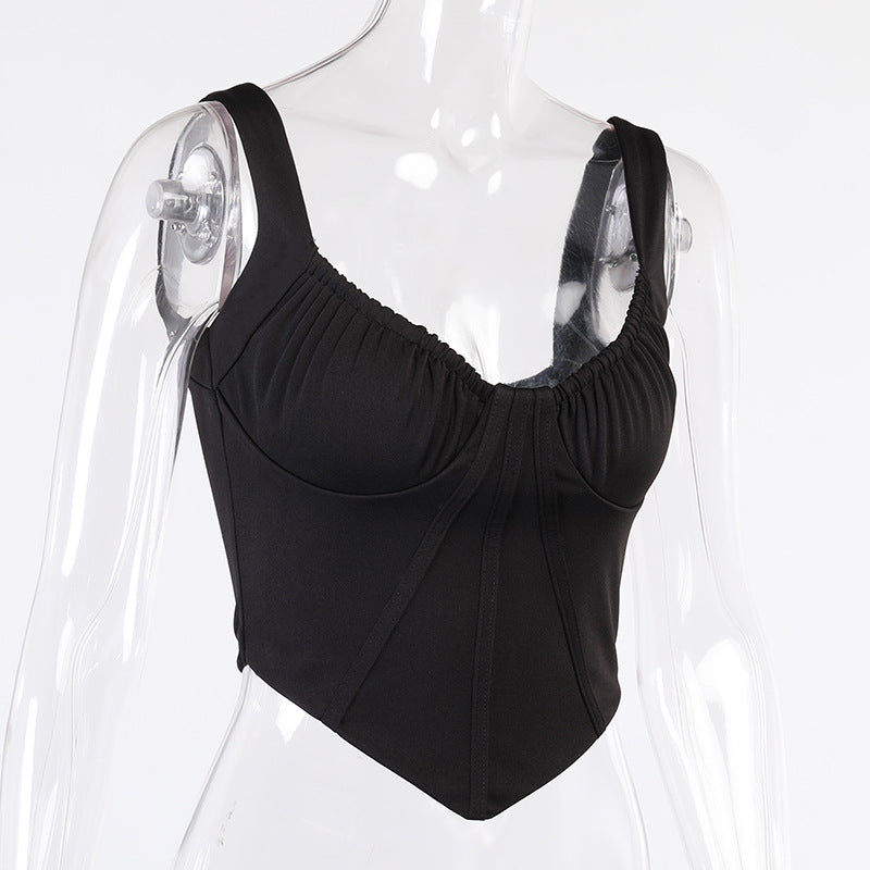 Pure Color Slim Line Waist Revealing Chest Stitching Small Vest