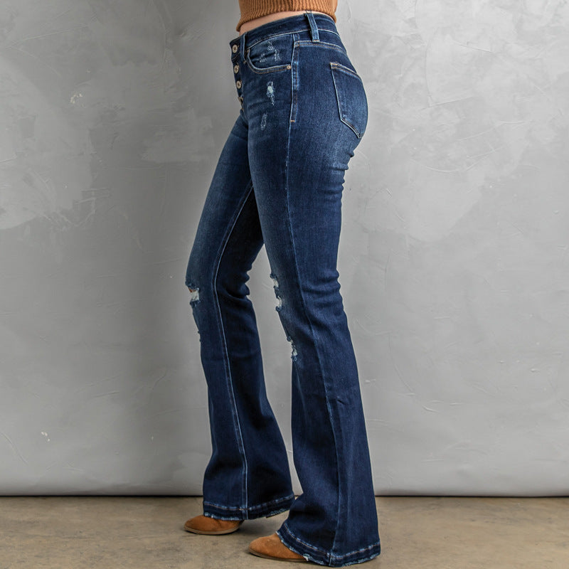 European And American Slim Women's Washed Hole High Waist Jeans