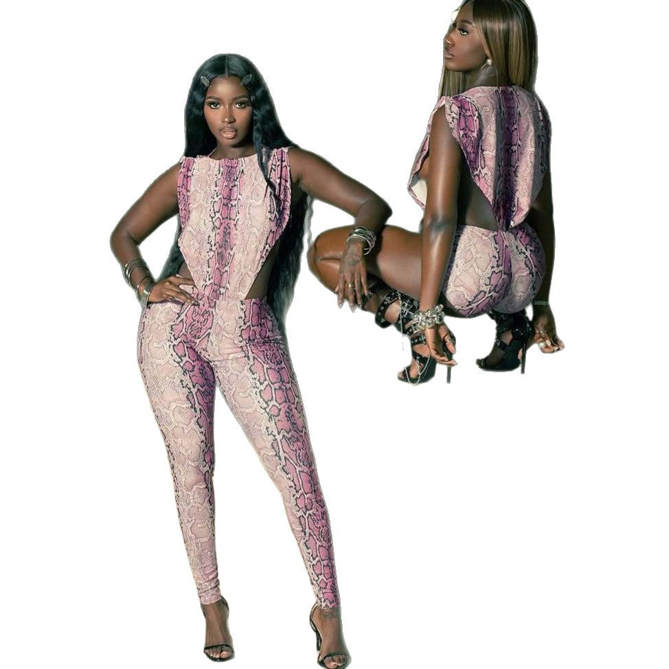 Womens Fashion Snake-Print Slim-Fit Tank Top And Pants Set