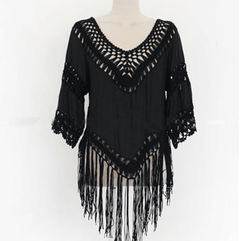 Half Sleeve Hand Crocheting Patchwork Knitting Tassel Overskirt Beach Cover-up