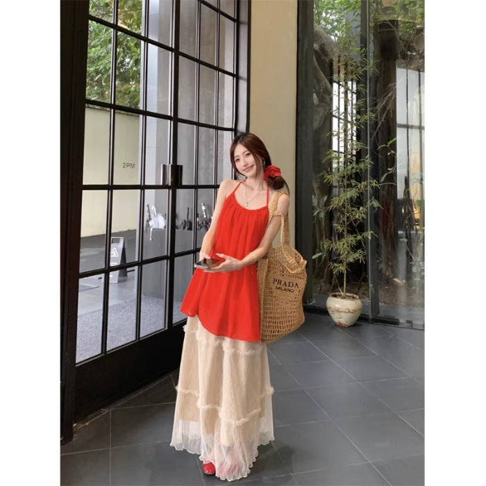 Loose-fitting Halterneck Sleeveless Camisole Womens Mesh A-line Skirt Two-piece Set