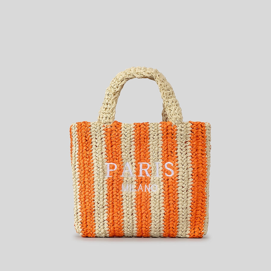 Striped Hand-woven Straw Bag Women's Embroidered Letters