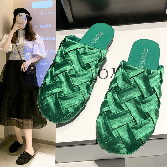 Satin Cloth Covered Head Lazy Half Slippers Flat Heel