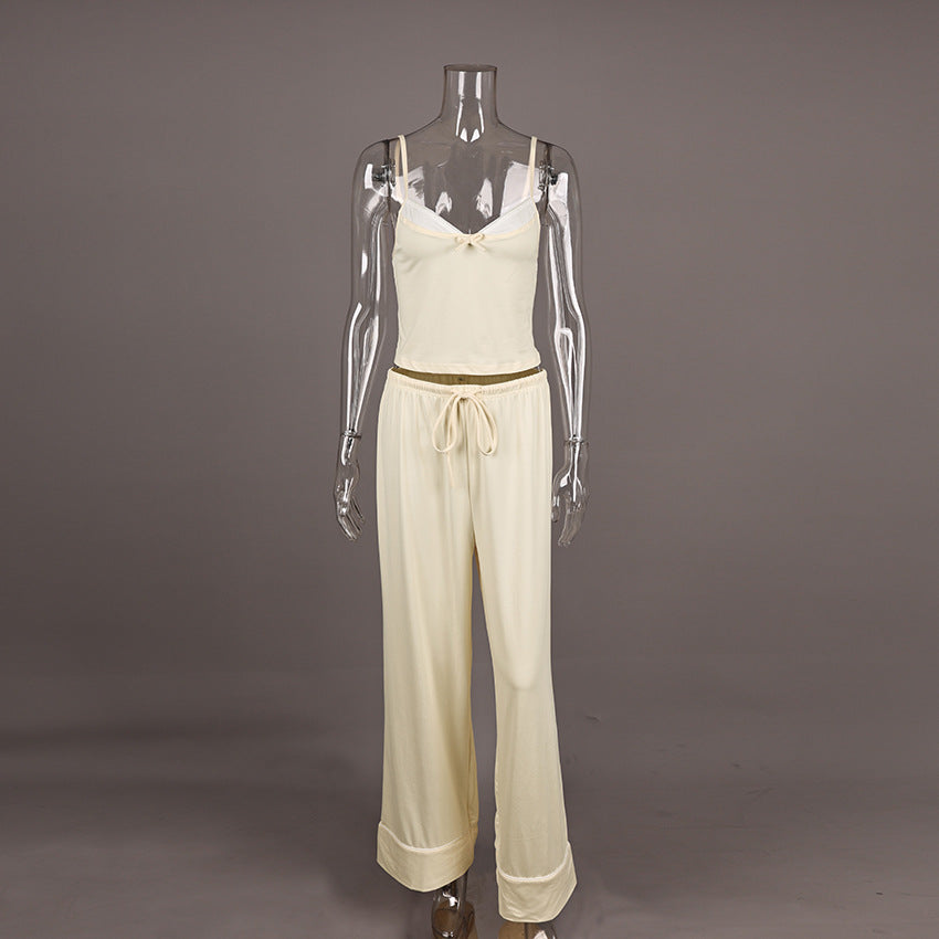 Patchwork Slip-style Long Pants With A Drawstring Waist And Bow Detail Set