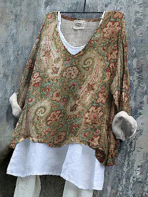 Paisley Art Pattern Linen Blend Long-sleeve Top