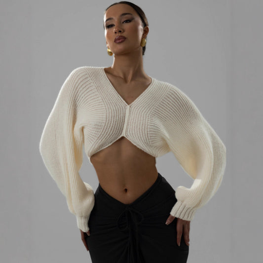 V-neck Midriff-baring Short Temperamental Knitted Sweater