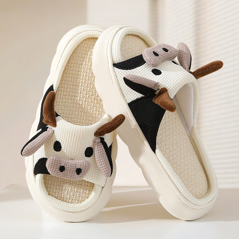 Cute Cow Linen Shit Feeling Interior Non-slip Deodorant Outer Wear Platform Slippers