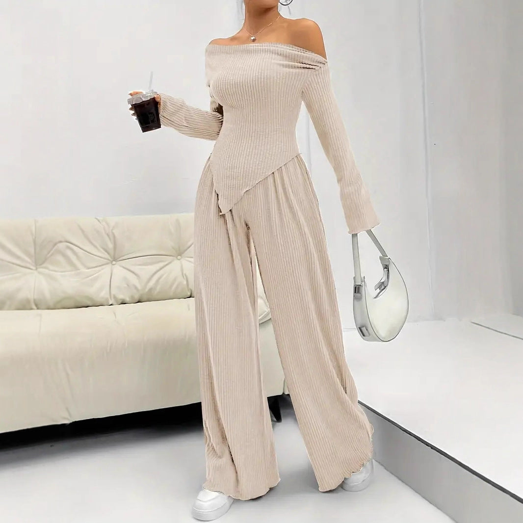 Solid-color Elegant Off-shoulder Sleeveless Shirt And Wide-leg Pants Set For Women