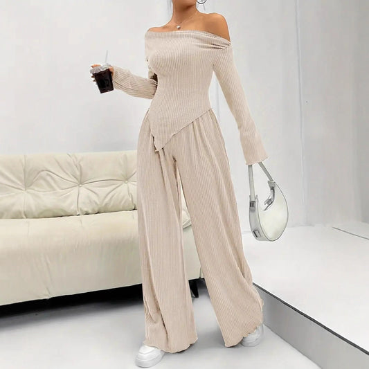 Solid-color Elegant Off-shoulder Sleeveless Shirt And Wide-leg Pants Set For Women