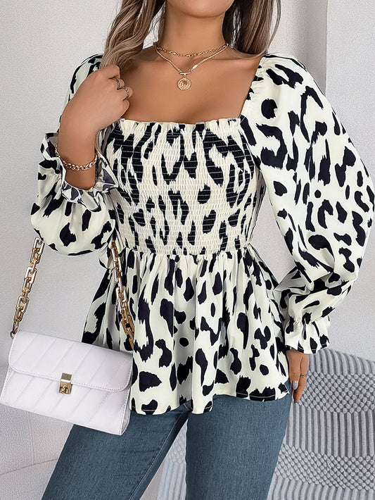 Women's Casual Ruffle Trim Square Neck Leopard Print Long Sleeve Chiffon Top