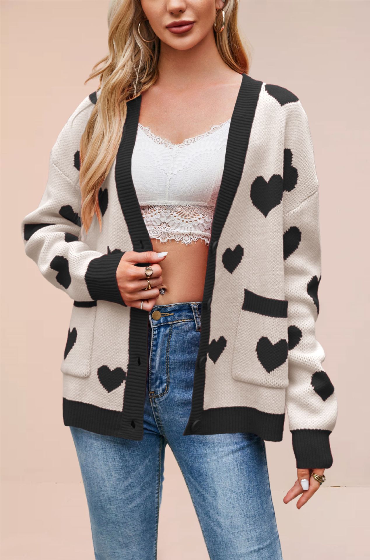 Heart Peach Knitted Cardigan Pocket V-neck Common Style Coat
