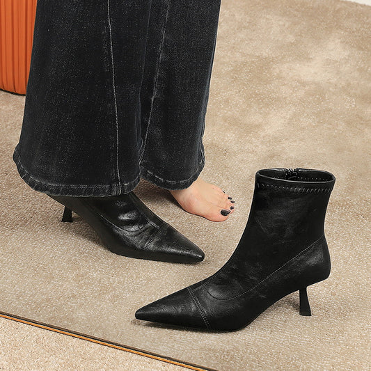 Slim Retro Soft Leather Pointed Toe Bare Single Boots Thin Heel