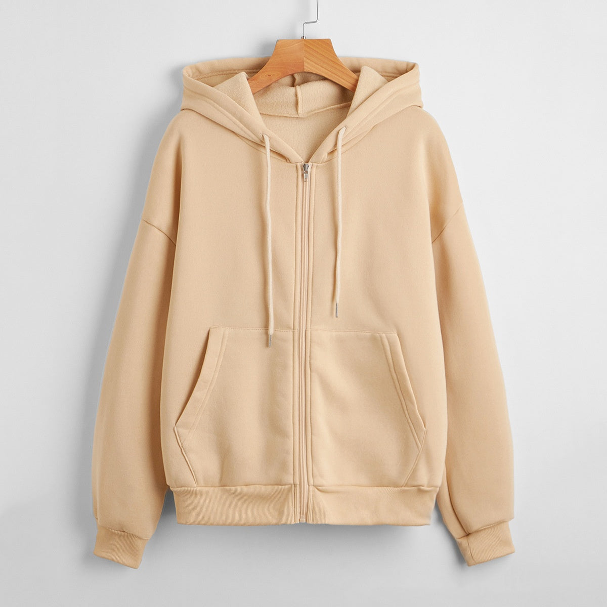Sweater til kvinder med hætte, ensfarvet, lynlås, løstsiddende, foret frakke