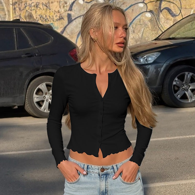 Cardigan Knaptop Tætsiddende Langærmet Bølget T-shirt