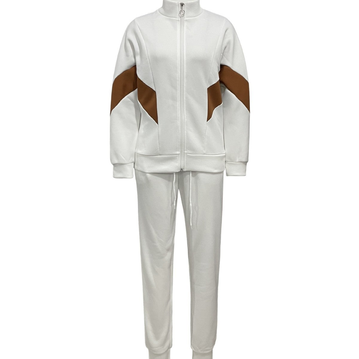 Versatile Color-blocked High-neck Jacket And Tapered Pants Two-piece Set