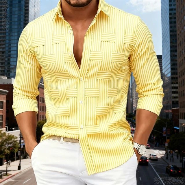 Men's Fashion Blue And White Striped Long-Sleeve Shirt