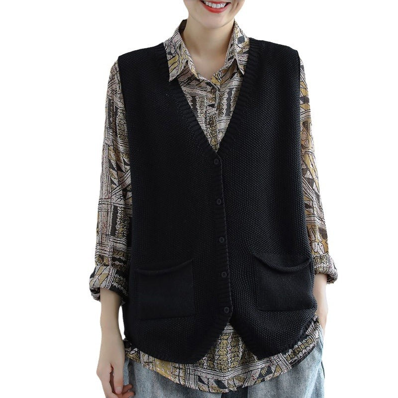 New Versatile Retro Solid Color And V-neck Vest