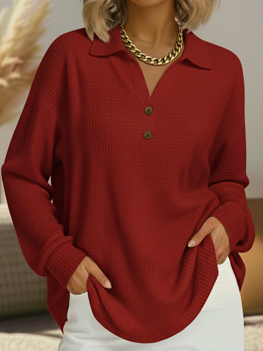 Fashion V-neck Button Solid Color Loose Long Sleeve Pullover