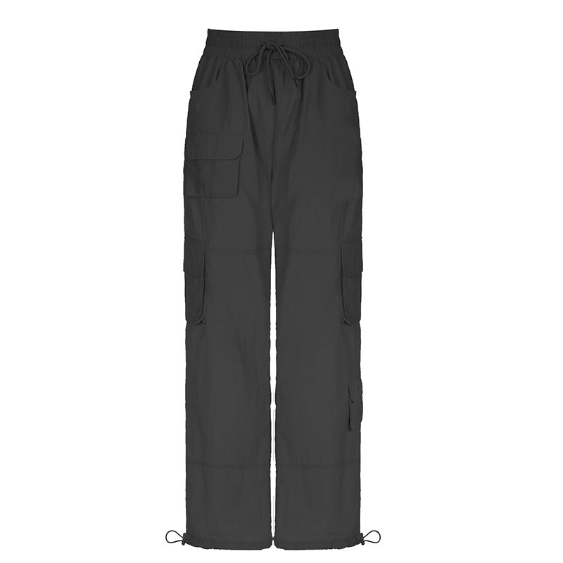 Women's Large Pocket Workwear Woven Loose Drawstring Straight Casual Pants