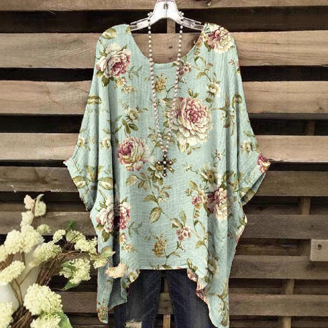 Ethnic-style Printed Loose-fitting Irregular Plus-size Batwing Top