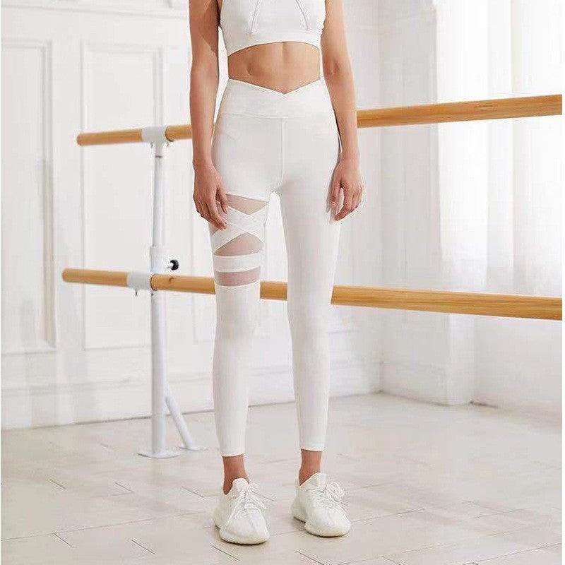 Mesh Stitching Cross Belly And Hip Lift Yoga Trousers