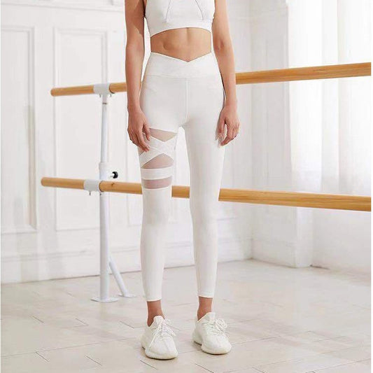 Mesh Stitching Cross Belly And Hip Lift Yoga Trousers