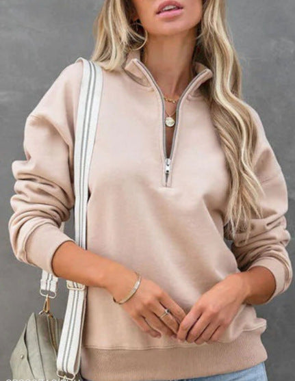 Solid Color Women's New Zip Lapel Long Sleeve Pullover Sweater