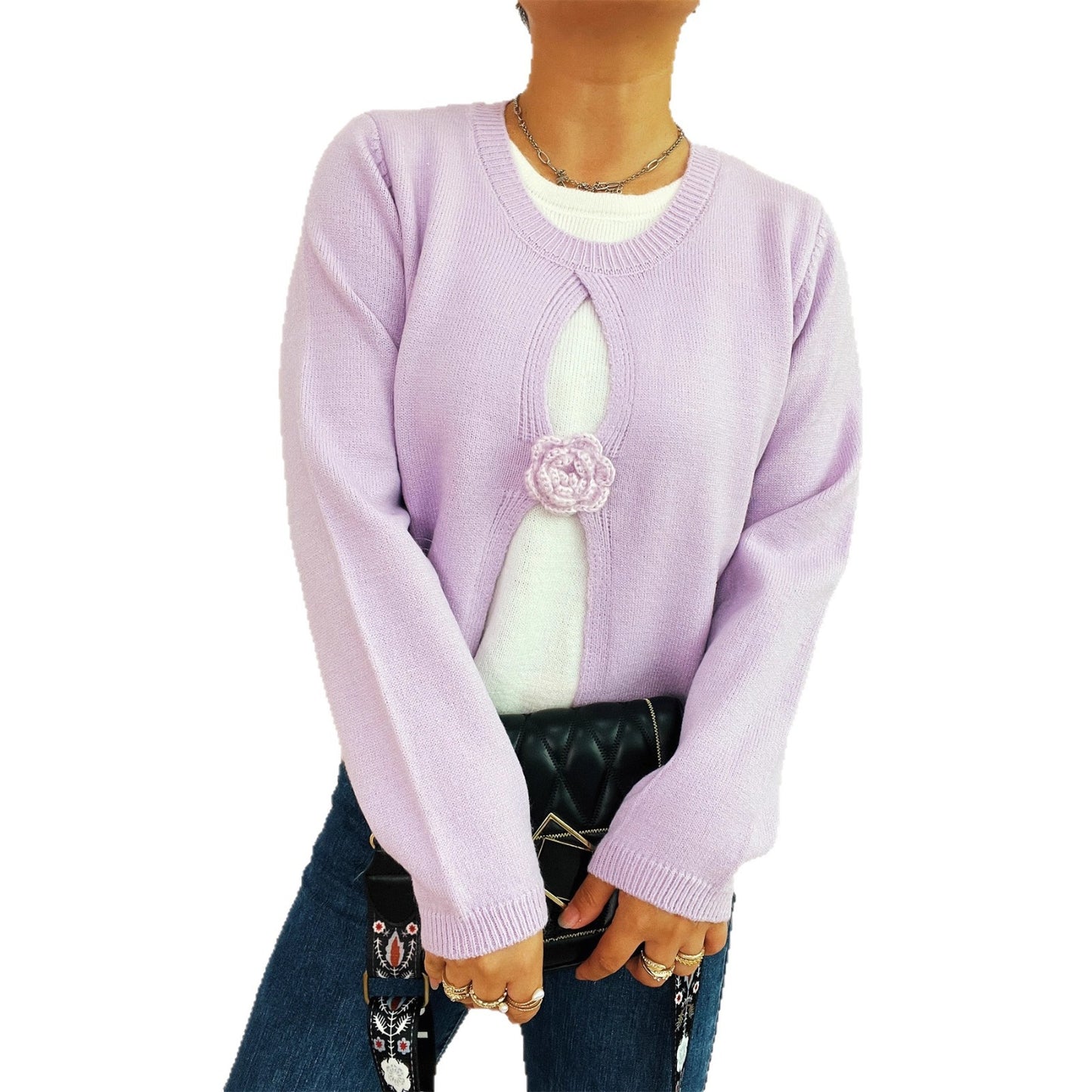 Women's Round Neck Long Sleeve Fake Two-piece Sweater