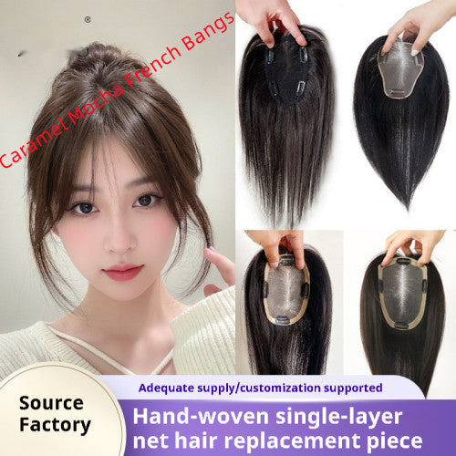 Real Hair Air Bangs Single Layer Net Wig Set Black Length Straight Hair Roll